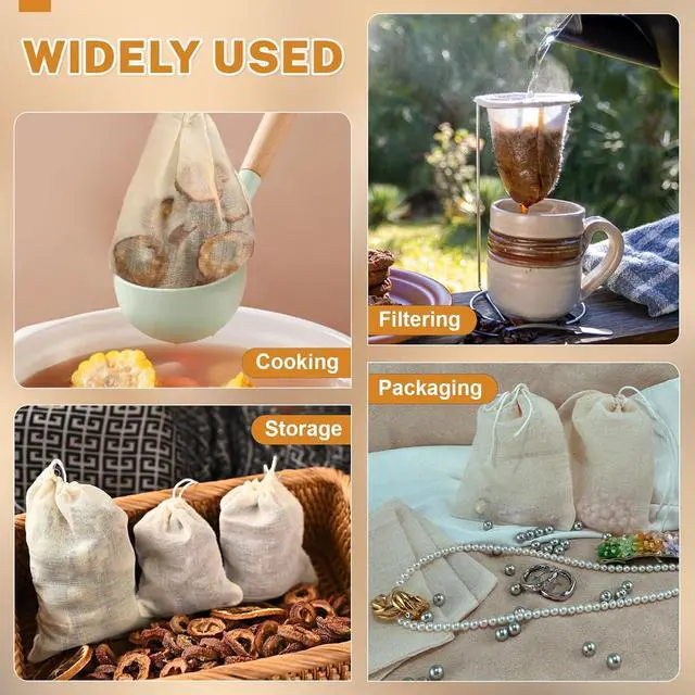 Alt view image 6 of 7 - 20 Pcs Muslin Bags with Drawstring, Reusable Tea Bags, Spice Bags for Cooking Soup/Herb/Loose Leaf Tea, Natural Cotton Small Cheese Cloth Bag for Straining, Sachet Bags Empty, 4 X 3 Inches