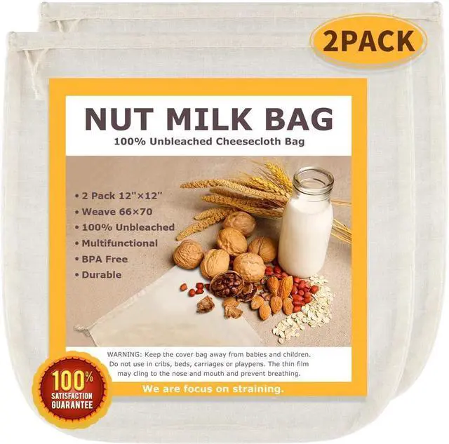 Main image of Nut Milk Bags, All Natural Cheesecloth Bags, 12"x12", 2 Pack, 100% Unbleached Cotton Cloth Bags for Tea/Yogurt/Juice/Wine/Soup/Herbs, Durable Washable Reusable Almond Milk Strainer(Weave 66x70)