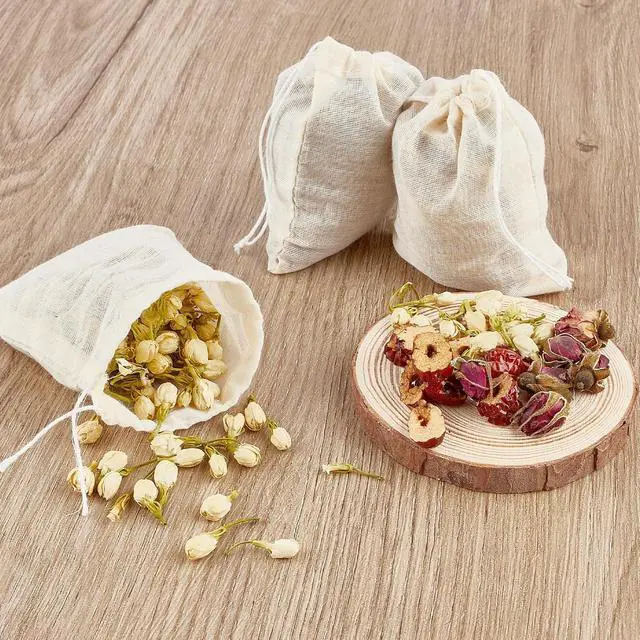 Alt view image 6 of 7 - TUZAZO 24 Pcs Muslin Bags with Drawstring 3 x 4 inch, Reusable Tea Bags for Loose Leaf Tea, Natural Cotton Unbleached Cheesecloth Small Spice Bag for Cooking Soup Herb Sachet Bag Empty