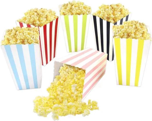 Main image of Colorful Striped Popcorn Boxes 24 Pack, Movie Night & Game Day Snack Containers, Soccer Watch Party Popcorn Buckets, Disposable Cardboard Cups for Birthday, Classroom, Carnival, Wedding Party Supplies