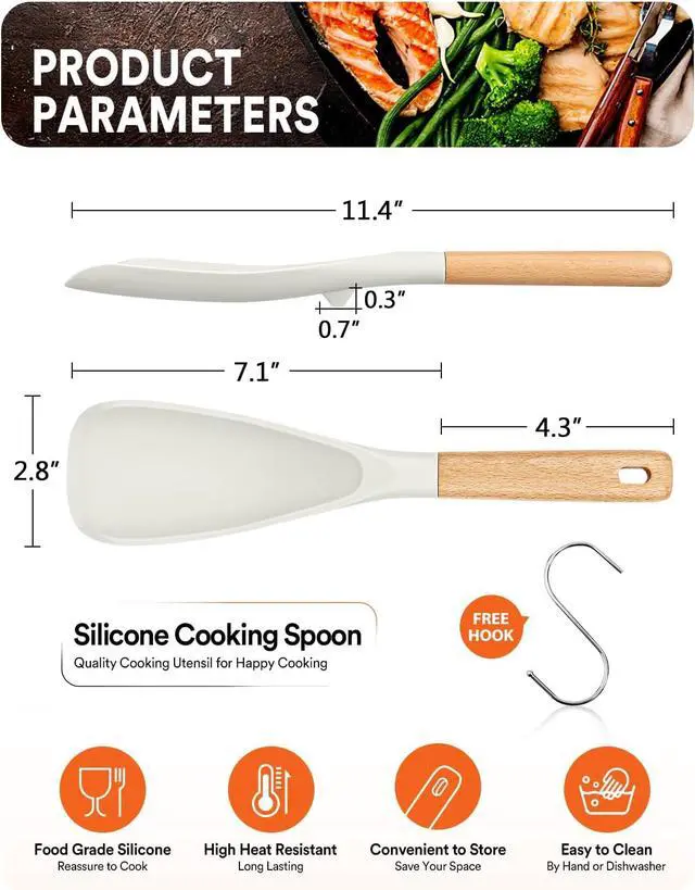 Alt view image 2 of 7 - Badiano Silicone Cooking Spoon for Nonstick Cookware, Multi-function,11.4in | Great for Cooking and Serving, Sturdy BPA-Free Matte Silicone, Wood Handle Spoon for Mixing, Scoop, and Scrape,White
