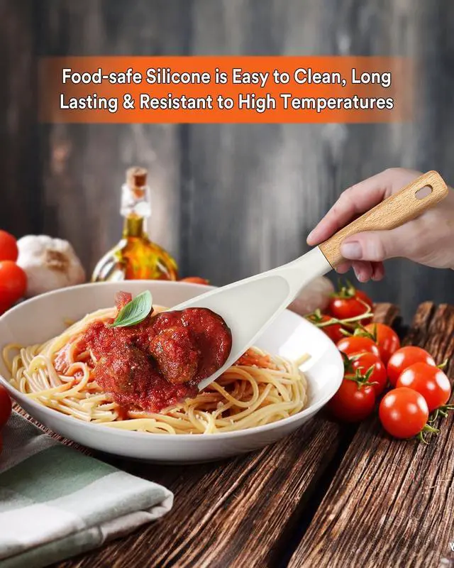 Alt view image 3 of 7 - Badiano Silicone Cooking Spoon for Nonstick Cookware, Multi-function,11.4in | Great for Cooking and Serving, Sturdy BPA-Free Matte Silicone, Wood Handle Spoon for Mixing, Scoop, and Scrape,White