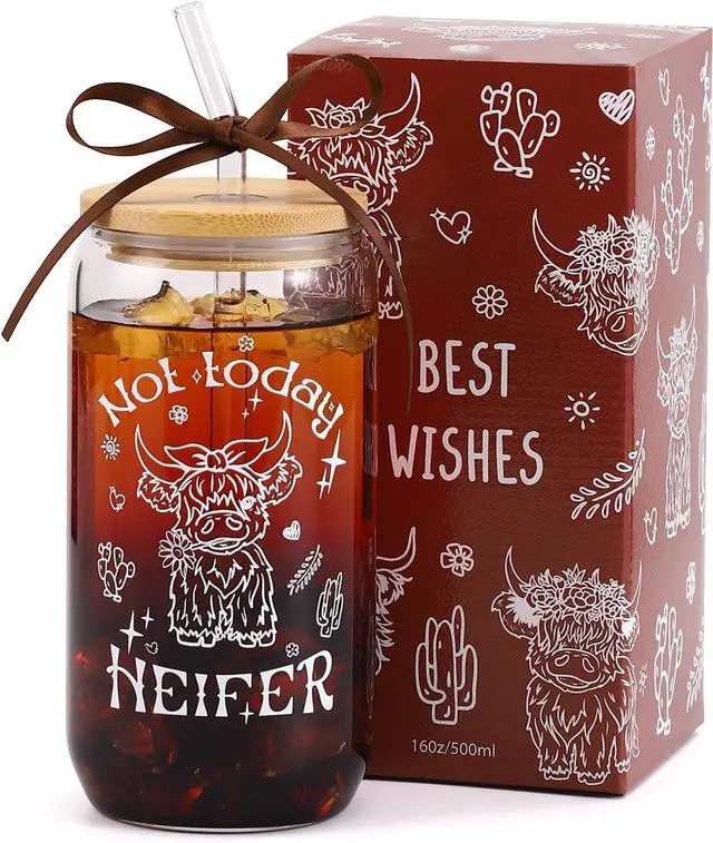 Main image of KORHONEN Highland Cow Gifts for Women, Glass Cup with Lid and Straw | Coffee Cup Tumbler Present for Cowgirl Cow Lovers Friends Thanksgiving Christmas Birthday Country Western Party Stuff, 16oz