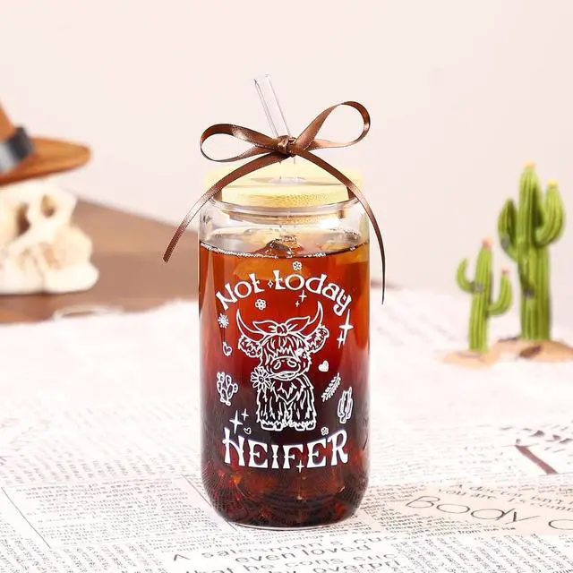 Alt view image 2 of 7 - KORHONEN Highland Cow Gifts for Women, Glass Cup with Lid and Straw | Coffee Cup Tumbler Present for Cowgirl Cow Lovers Friends Thanksgiving Christmas Birthday Country Western Party Stuff, 16oz