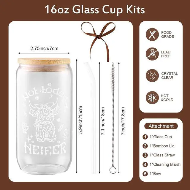 Alt view image 3 of 7 - KORHONEN Highland Cow Gifts for Women, Glass Cup with Lid and Straw | Coffee Cup Tumbler Present for Cowgirl Cow Lovers Friends Thanksgiving Christmas Birthday Country Western Party Stuff, 16oz