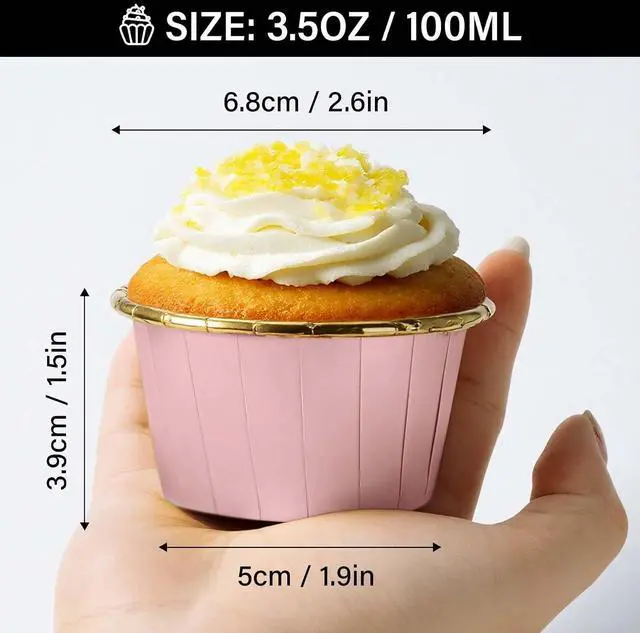 Alt view image 2 of 6 - EUSOAR Cupcake Liners, 50pcs 3.5oz Aluminum Foil Wrappers Muffin Cupcake Containers, Disposable Dessert Ramekins Paper Baking Cups Mini Cheesecakes Holders for Birthday Wedding Party-Pink/Gold