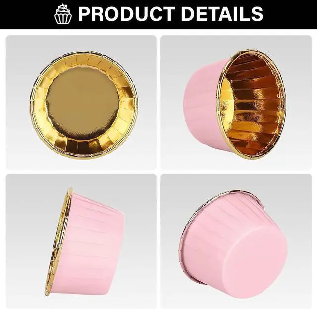 Alt view image 3 of 6 - EUSOAR Cupcake Liners, 50pcs 3.5oz Aluminum Foil Wrappers Muffin Cupcake Containers, Disposable Dessert Ramekins Paper Baking Cups Mini Cheesecakes Holders for Birthday Wedding Party-Pink/Gold