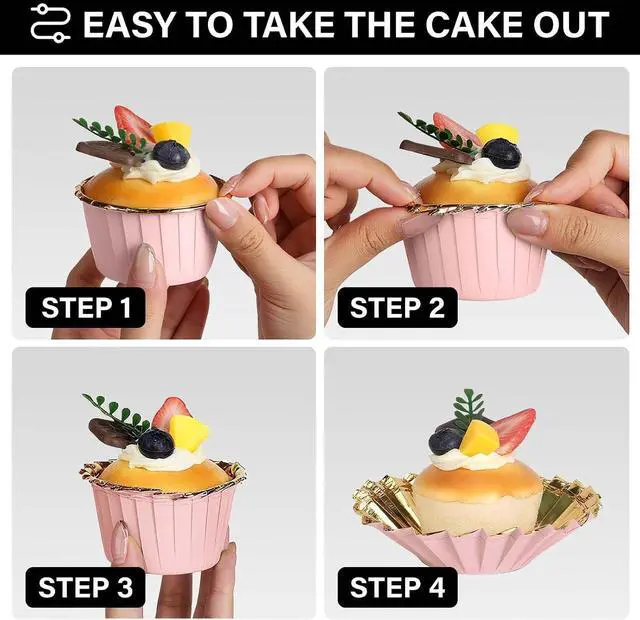 Alt view image 4 of 6 - EUSOAR Cupcake Liners, 50pcs 3.5oz Aluminum Foil Wrappers Muffin Cupcake Containers, Disposable Dessert Ramekins Paper Baking Cups Mini Cheesecakes Holders for Birthday Wedding Party-Pink/Gold