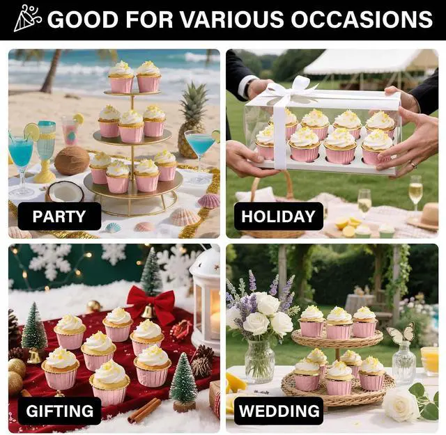 Alt view image 5 of 6 - EUSOAR Cupcake Liners, 50pcs 3.5oz Aluminum Foil Wrappers Muffin Cupcake Containers, Disposable Dessert Ramekins Paper Baking Cups Mini Cheesecakes Holders for Birthday Wedding Party-Pink/Gold