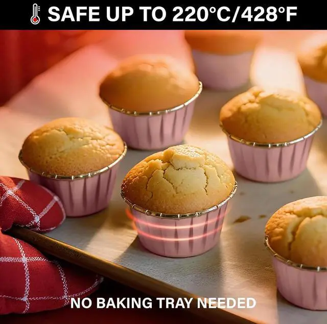 Alt view image 6 of 6 - EUSOAR Cupcake Liners, 50pcs 3.5oz Aluminum Foil Wrappers Muffin Cupcake Containers, Disposable Dessert Ramekins Paper Baking Cups Mini Cheesecakes Holders for Birthday Wedding Party-Pink/Gold