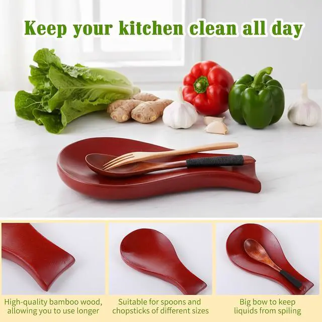 Alt view image 3 of 7 - Patelai Acacia Wood Spoon Rest for Kitchen Stove Top Utensils,Mahogany | Wooden Spatula Holder for Countertop, Protects Surfaces from Stains, Farmhouse Kitchen Decor, Holds Spoons Ladles Utensils