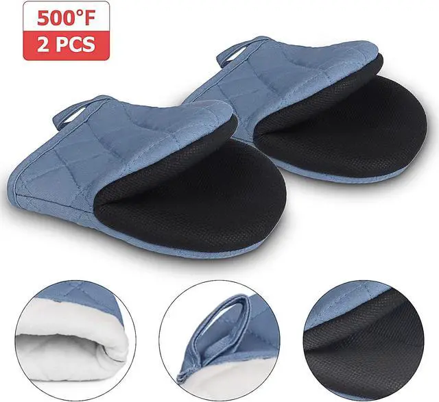 Alt view image 3 of 7 - Goldmeet Mini Oven Mitts 2-Pack, 7"x5.5", 500°F Silicone Grip, Sky Blue | Non-Slip, Heat Resistant, Machine Washable, Hanging Loop, Fits Small Hands, for Baking Grilling BBQ Cooking