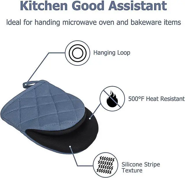 Alt view image 5 of 7 - Goldmeet Mini Oven Mitts 2-Pack, 7"x5.5", 500°F Silicone Grip, Sky Blue | Non-Slip, Heat Resistant, Machine Washable, Hanging Loop, Fits Small Hands, for Baking Grilling BBQ Cooking