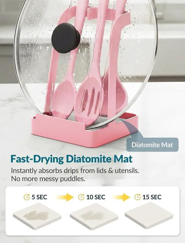 Alt view image 3 of 7 - NiHome Pot Lid & Spoon Rest, Diatomite Tray Ladle Holder, Stove Top, Pink | Quick-Absorb Diatomite Base & Anti-Slip Silicone Pad Keep Counters Dry While Holding Lids & Utensils Upright