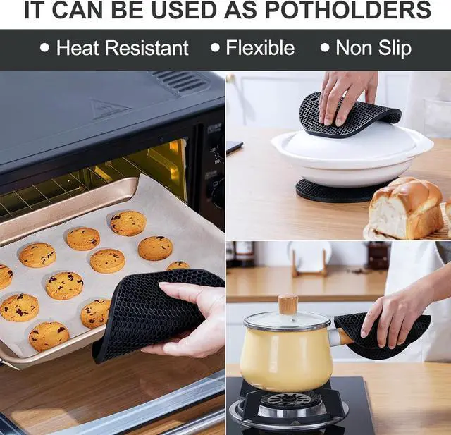Alt view image 2 of 7 - 4 PCS Heat Resistant Silicone Trivet Mats for Hot Dishes, Hot Pots and Pans | Multipurpose Non-Slip Pot Holders Hot Pads Coasters for Kitchen, Countertop, Table, Thick Round Square Trivet, Black