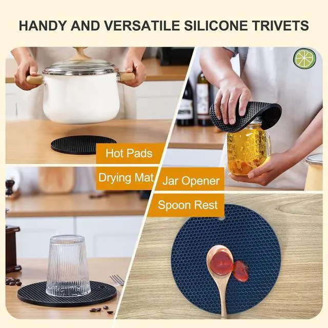 Alt view image 3 of 7 - 4 PCS Heat Resistant Silicone Trivet Mats for Hot Dishes, Hot Pots and Pans | Multipurpose Non-Slip Pot Holders Hot Pads Coasters for Kitchen, Countertop, Table, Thick Round Square Trivet, Black