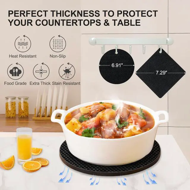 Alt view image 4 of 7 - 4 PCS Heat Resistant Silicone Trivet Mats for Hot Dishes, Hot Pots and Pans | Multipurpose Non-Slip Pot Holders Hot Pads Coasters for Kitchen, Countertop, Table, Thick Round Square Trivet, Black
