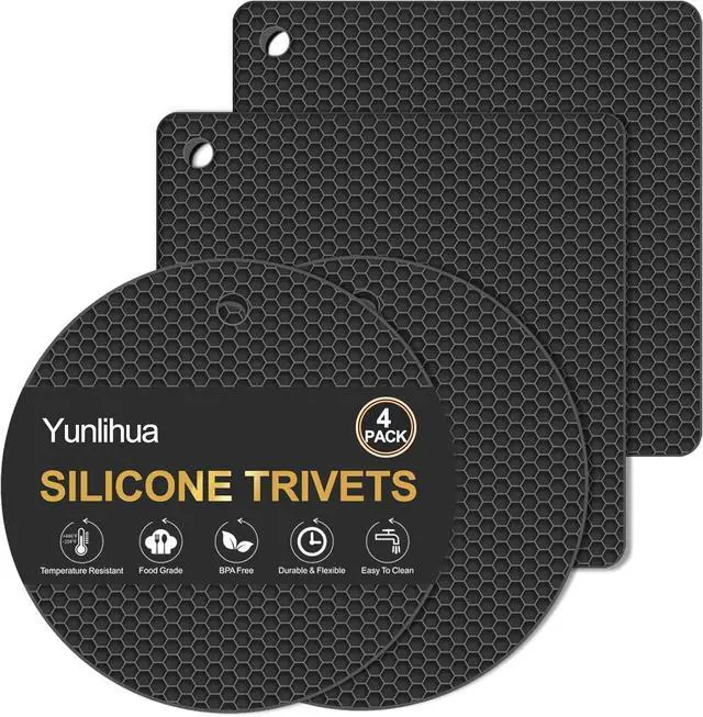 Main image of 4 PCS Heat Resistant Silicone Trivet Mats for Hot Dishes, Hot Pots and Pans | Multipurpose Non-Slip Pot Holders Hot Pads Coasters for Kitchen, Countertop, Table, Thick Round Square Trivet, Black