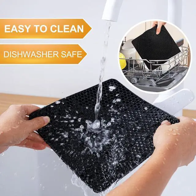 Alt view image 6 of 7 - 4 PCS Heat Resistant Silicone Trivet Mats for Hot Dishes, Hot Pots and Pans | Multipurpose Non-Slip Pot Holders Hot Pads Coasters for Kitchen, Countertop, Table, Thick Round Square Trivet, Black