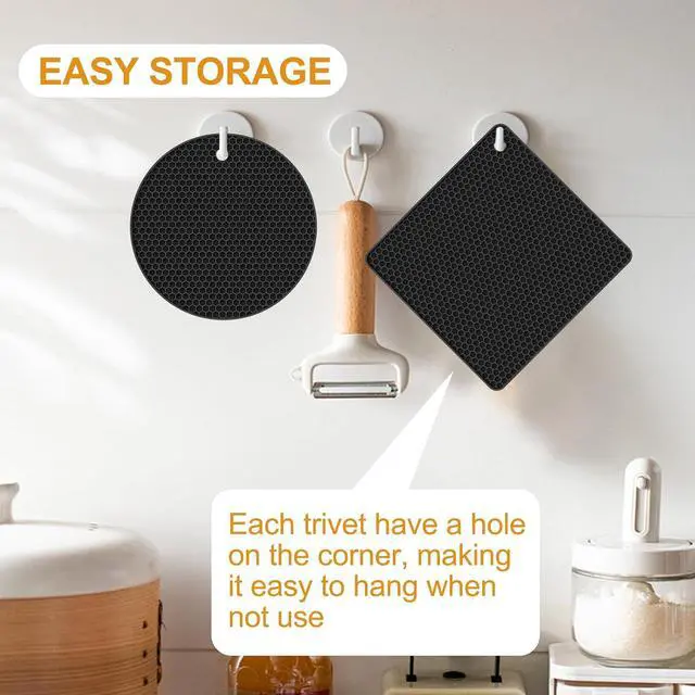 Alt view image 7 of 7 - 4 PCS Heat Resistant Silicone Trivet Mats for Hot Dishes, Hot Pots and Pans | Multipurpose Non-Slip Pot Holders Hot Pads Coasters for Kitchen, Countertop, Table, Thick Round Square Trivet, Black