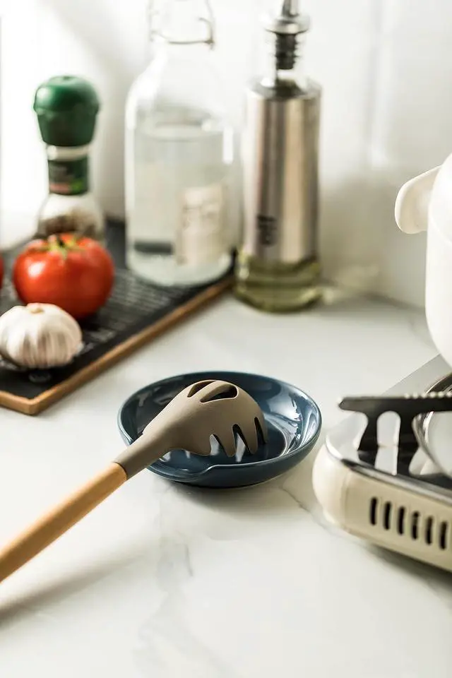 Alt view image 6 of 7 - Miamolo Spoon Rest for Stove Top, Ceramic Utensil Holder, Keeps Area Tidy | Ceramic 5" for Spatula, Ladles Tongs | for Kitchen Counter, Small Spoon Organizer, Farmhouse Gift | Vintage Blue