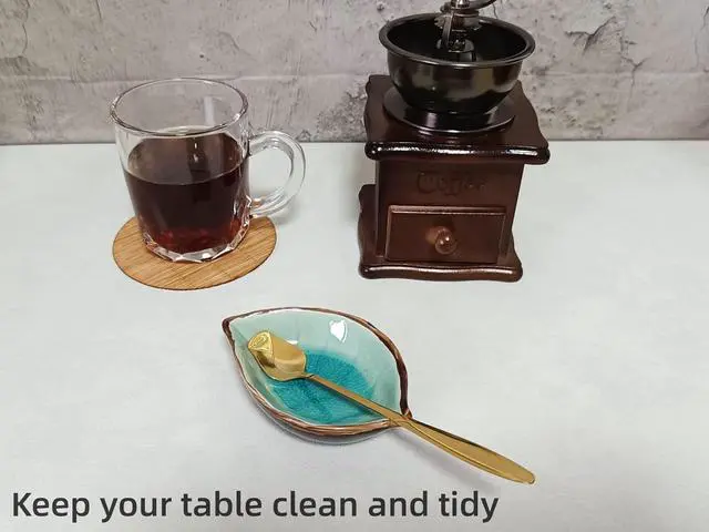 Alt view image 2 of 7 - Coffee Spoon and Rest for Coffee Bar Accessories, Small Spoon Rest for Coffee Bar & Station, Tea Spoon Rest & Holder for Teaspoon Rest, 1 PC (Crackle Glaze Lake Blue Leaf with Gold Rose Spoon)