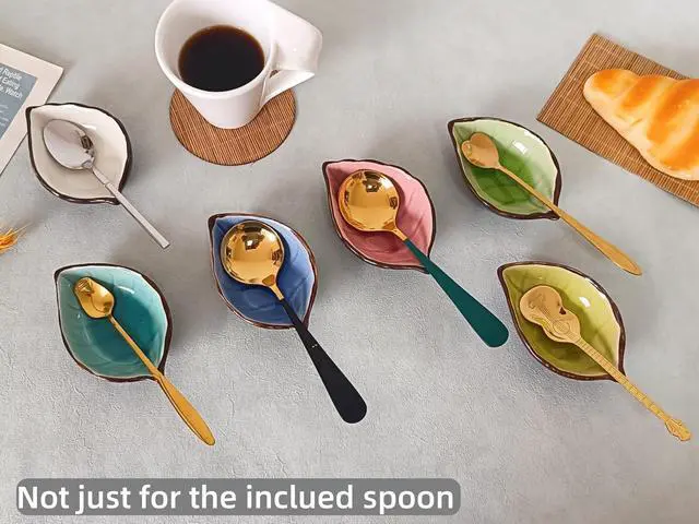Alt view image 5 of 7 - Coffee Spoon and Rest for Coffee Bar Accessories, Small Spoon Rest for Coffee Bar & Station, Tea Spoon Rest & Holder for Teaspoon Rest, 1 PC (Crackle Glaze Lake Blue Leaf with Gold Rose Spoon)