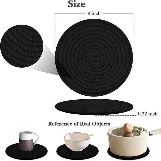 Alt view image 2 of 6 - Trivets for Hot Dishes, 4 Pot Holders for Kitchen, Heat Resistant Mats for Countertop, 8 Inch Hot Pads for Hot Pots and Pans, Coaster, Home Essentials, Rustic Farmhouse Decor (Black)