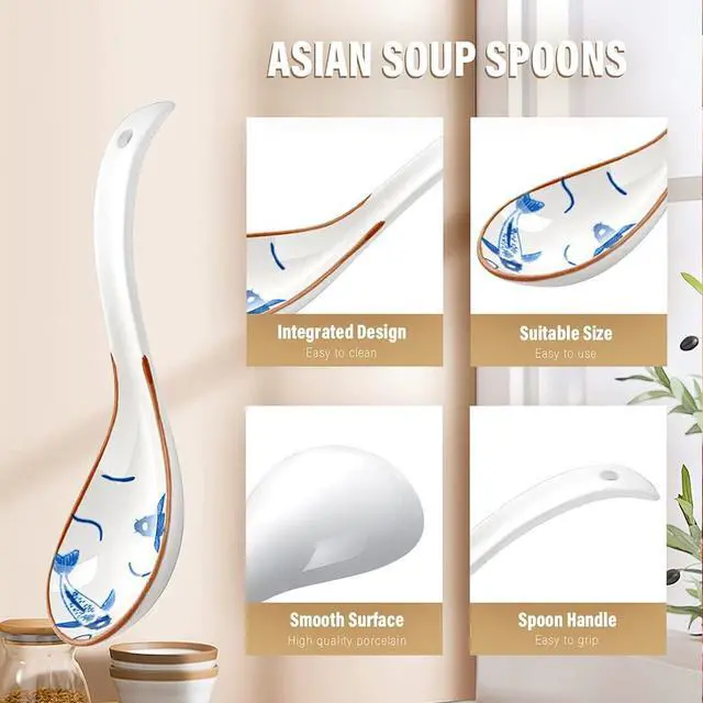 Alt view image 5 of 7 - IQCWOOD Ceramic Asian Soup Spoons, 6.3" Japanese Spoon, Set of 4 | Deep Soup Bowl, Fine Glaze, Satisfying Weight & Balance, Easy to Hold, Chinese Ramen Spoon, Dishwasher Safe, Blue and White