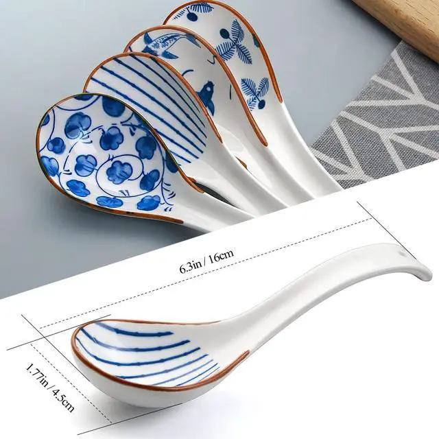 Alt view image 6 of 7 - IQCWOOD Ceramic Asian Soup Spoons, 6.3" Japanese Spoon, Set of 4 | Deep Soup Bowl, Fine Glaze, Satisfying Weight & Balance, Easy to Hold, Chinese Ramen Spoon, Dishwasher Safe, Blue and White