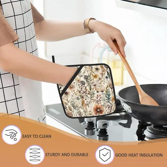 Alt view image 4 of 7 - 2PCS Boho Watercolor Floral Pot Holder with Loop,Heat Resistant Oven Pads,Hot Pat for Kitchen Cooking Baking Food