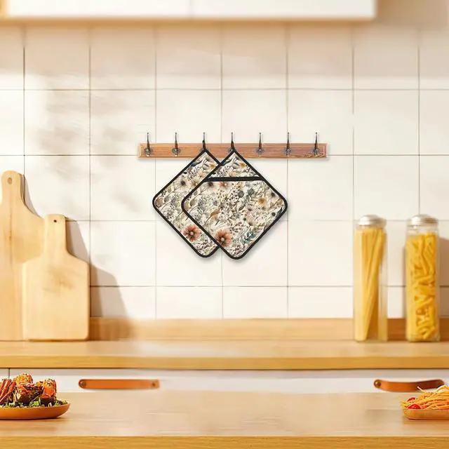 Alt view image 6 of 7 - 2PCS Boho Watercolor Floral Pot Holder with Loop,Heat Resistant Oven Pads,Hot Pat for Kitchen Cooking Baking Food