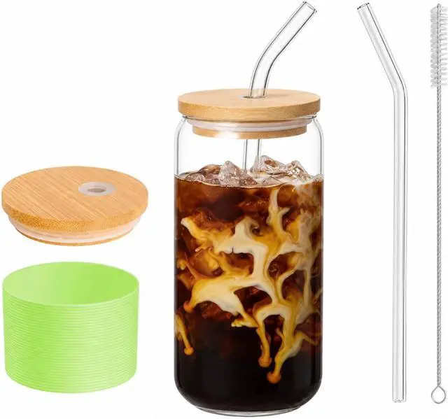 Main image of Glass Cup with Lid and Straw, 16 oz Mason Jar Style Glass Tumbler with Bamboo Lid, Removable Grass Green Silicone Sleeve, Reusable Iced Matcha Cup for Cold Brew and Iced Coffee