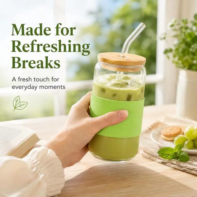 Alt view image 2 of 7 - Glass Cup with Lid and Straw, 16 oz Mason Jar Style Glass Tumbler with Bamboo Lid, Removable Grass Green Silicone Sleeve, Reusable Iced Matcha Cup for Cold Brew and Iced Coffee