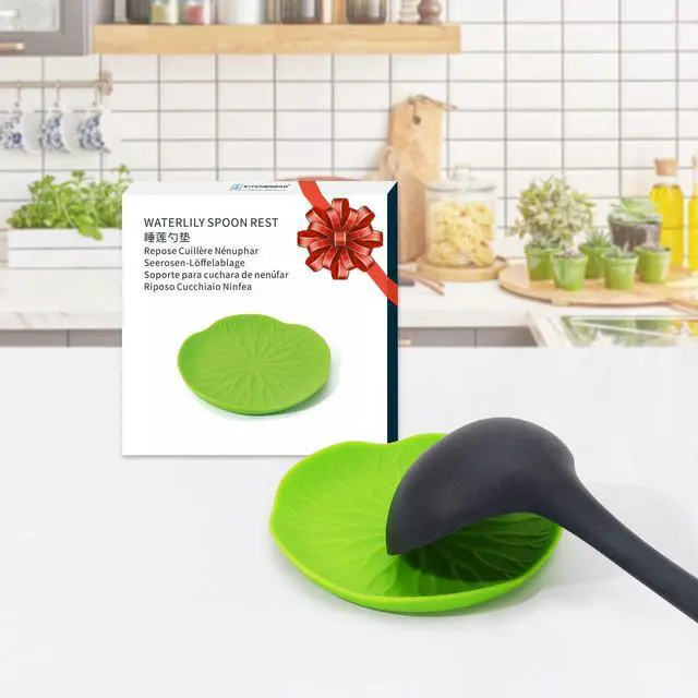 Alt view image 6 of 7 - KITCHENDAO Silicone Spoon Rest - Green, Floral Pattern - 5.9 x 4.9 Inches - Dishwasher Safe, BPA Free for Women - 1 Pack With Color Box