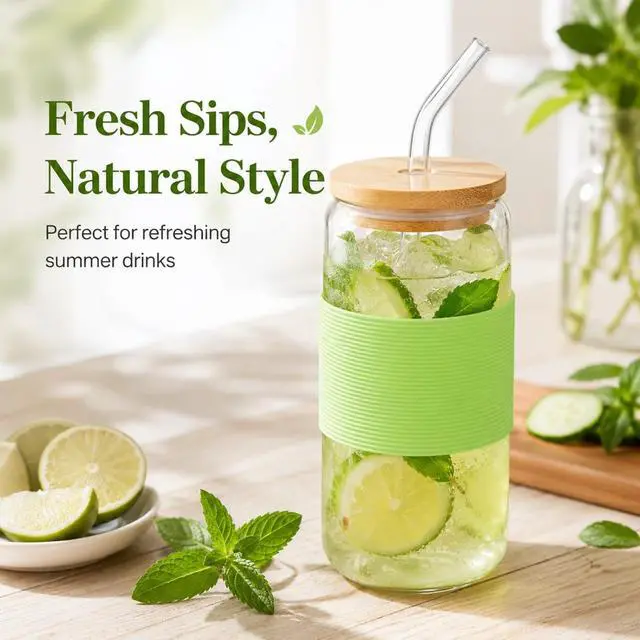 Alt view image 4 of 7 - Glass Cup with Lid and Straw, 16 oz Mason Jar Style Glass Tumbler with Bamboo Lid, Removable Grass Green Silicone Sleeve, Reusable Iced Matcha Cup for Cold Brew and Iced Coffee