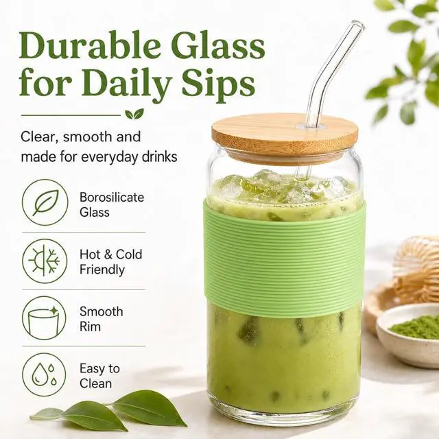 Alt view image 6 of 7 - Glass Cup with Lid and Straw, 16 oz Mason Jar Style Glass Tumbler with Bamboo Lid, Removable Grass Green Silicone Sleeve, Reusable Iced Matcha Cup for Cold Brew and Iced Coffee
