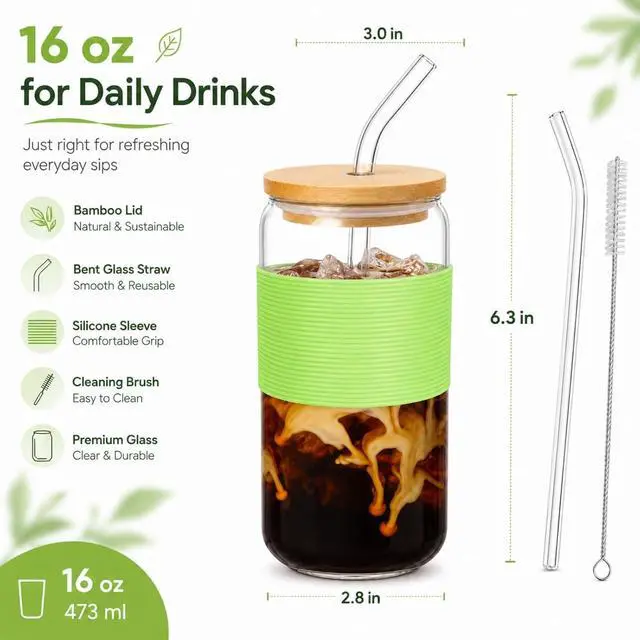 Alt view image 5 of 7 - Glass Cup with Lid and Straw, 16 oz Mason Jar Style Glass Tumbler with Bamboo Lid, Removable Grass Green Silicone Sleeve, Reusable Iced Matcha Cup for Cold Brew and Iced Coffee
