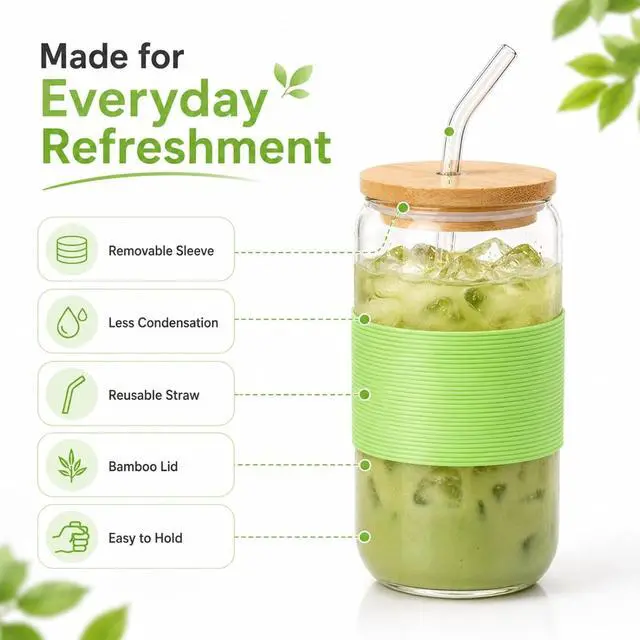 Alt view image 7 of 7 - Glass Cup with Lid and Straw, 16 oz Mason Jar Style Glass Tumbler with Bamboo Lid, Removable Grass Green Silicone Sleeve, Reusable Iced Matcha Cup for Cold Brew and Iced Coffee