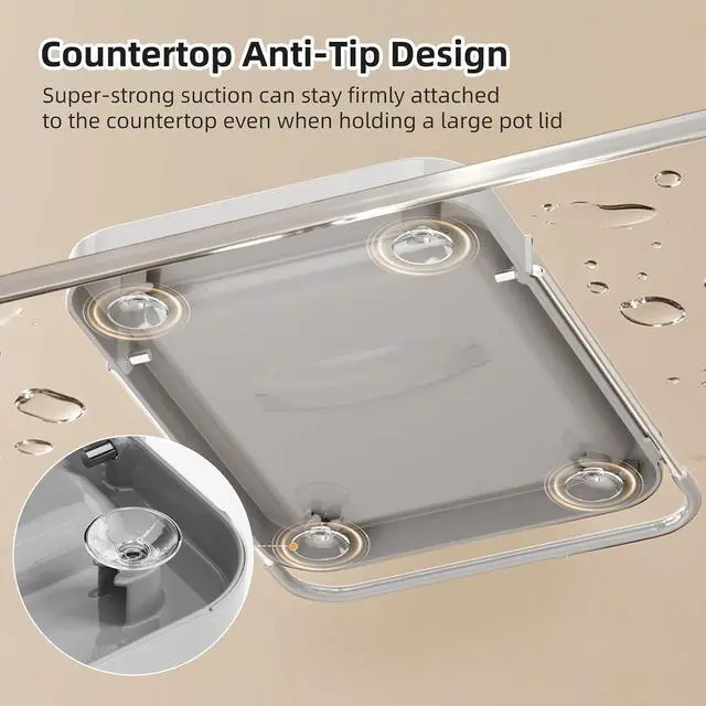 Alt view image 4 of 7 - Pot Lid Holder with Wavy Spoon Rest for Kitchen Counter | Foldable Pan Lid Organizer with 4 Nonslip Suction Pads, Crock Pot Lid and Spatula Holder, Grey