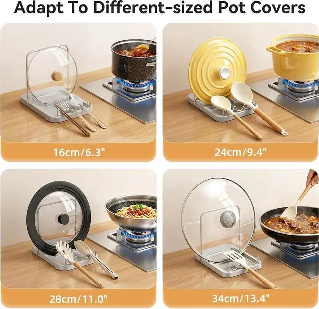 Alt view image 2 of 7 - Pot Lid Holder with Wavy Spoon Rest for Kitchen Counter | Foldable Pan Lid Organizer with 4 Nonslip Suction Pads, Crock Pot Lid and Spatula Holder, Grey