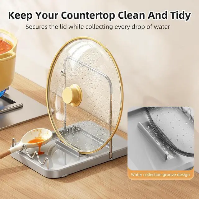 Alt view image 3 of 7 - Pot Lid Holder with Wavy Spoon Rest for Kitchen Counter | Foldable Pan Lid Organizer with 4 Nonslip Suction Pads, Crock Pot Lid and Spatula Holder, Grey