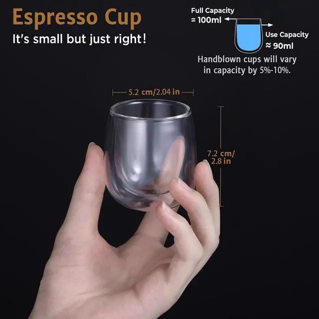 Alt view image 2 of 7 - glastal Espresso Cups 4 oz Double Walled Glasses Coffee Mugs Set of 2 | Borosilicate Glass, German Quality, 120 ml (full capacity) Double Wall Glass Espresso Cups, Small Coffee Shot Cups