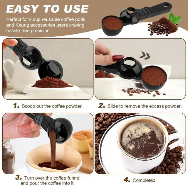 Alt view image 4 of 7 - Coffee Scoop & Funnel for K-Cups Reusable, Coffee Spoon with Slide Scoop Measuring Scoo p with Funnel for Filling Water Bottles for Ground Coffe e Protein Powder without Spilling (black2)