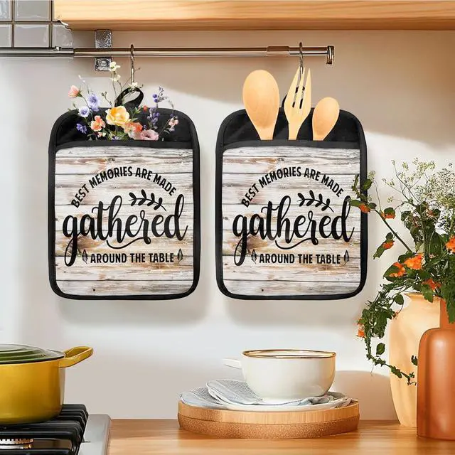 Alt view image 3 of 6 - Farmhouse Oven Mitts Set, Chef Gifts, Best Memories are Made Gathered Around The Table Heat Resistant Kitchen Oven Gloves for Baking and Cooking,Pot Holders