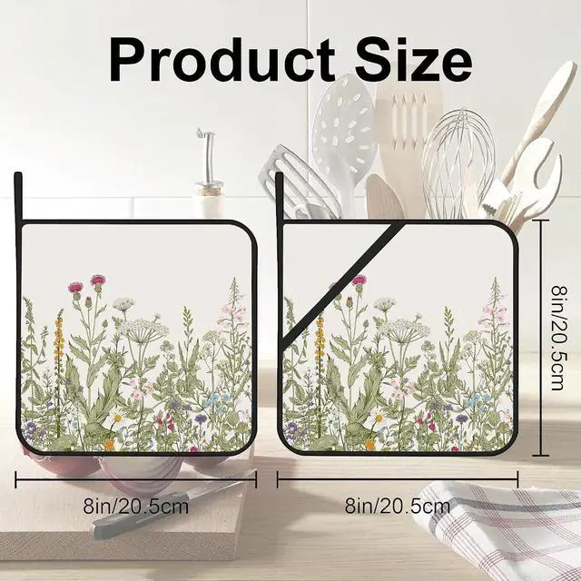 Alt view image 2 of 7 - Vintage Wild Flower Pot Holders for Kitchen Heat Resistant Pot Holders Set of 2 Oven Hot Pads Pot Holders for Cooking Baking BBQ Gifts for Women