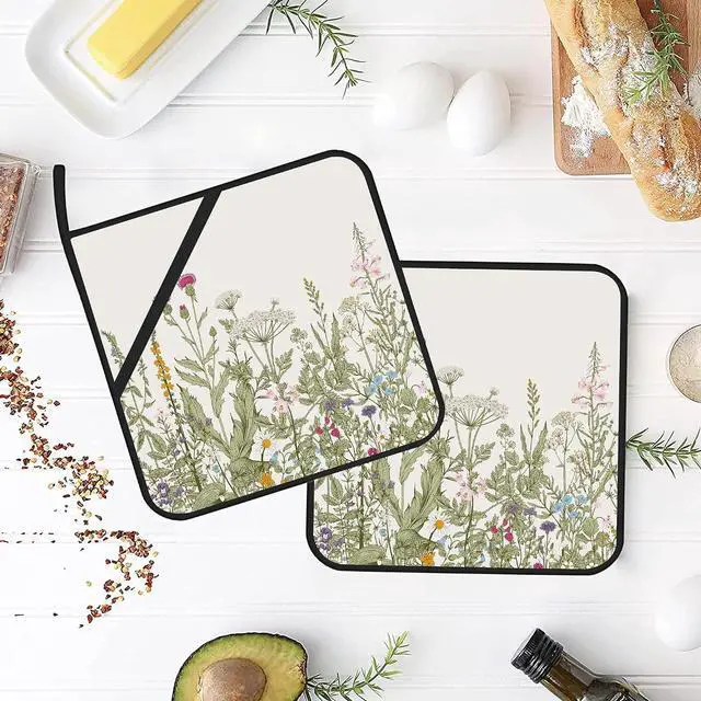 Alt view image 4 of 7 - Vintage Wild Flower Pot Holders for Kitchen Heat Resistant Pot Holders Set of 2 Oven Hot Pads Pot Holders for Cooking Baking BBQ Gifts for Women