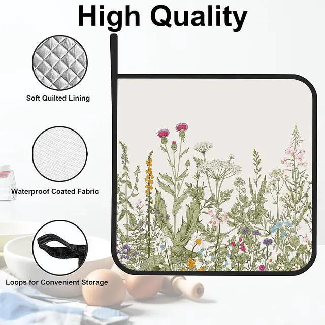 Alt view image 3 of 7 - Vintage Wild Flower Pot Holders for Kitchen Heat Resistant Pot Holders Set of 2 Oven Hot Pads Pot Holders for Cooking Baking BBQ Gifts for Women