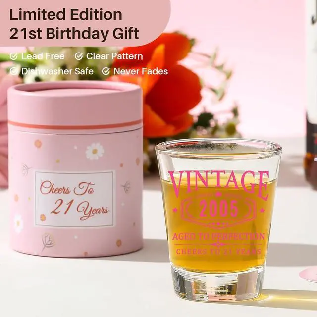 Alt view image 5 of 7 - 21st Birthday Gifts for Her - Limited Edition Shot Glass - Vintage 2005 Cheers To 21 Years, Finally 21 Party Decorations Supplies - Turning 21 Bday Present for Girl Women Sister Daughter Friends