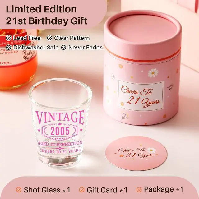 Alt view image 2 of 7 - 21st Birthday Gifts for Her - Limited Edition Shot Glass - Vintage 2005 Cheers To 21 Years, Finally 21 Party Decorations Supplies - Turning 21 Bday Present for Girl Women Sister Daughter Friends